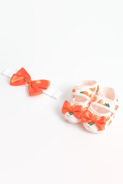 lilico Orange White Orange Printed Bow Detailed Bandana Newborn Booties