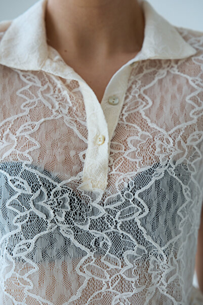 LOOSH Kadın Beyaz Yaka Detaylı Kısa Kol Dantel Gömlek