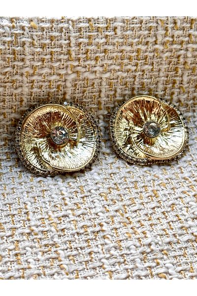 ODDA TASARIM ATÖLYESİ Extra Large (3.5cm) Luxury Gold 2-Button with Rose Pattern and Crystal Stones in the Middle and Edges