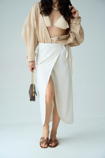 LOOSH Kadın Naturel Keten Karışımlı Yandan Bağlamalı Sarong Etek