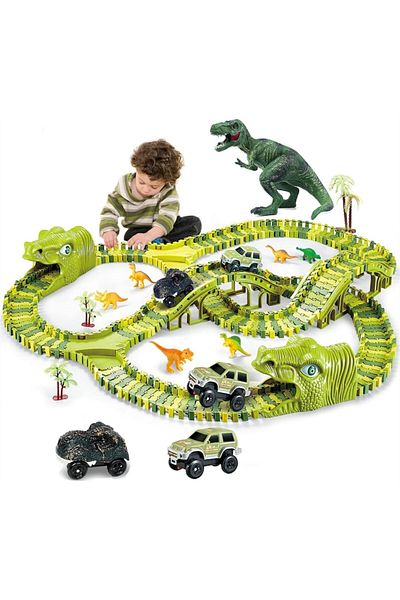 Smart Vibe Set DinoTrack Mașini de curse DinoTrack™ 240 Piste flexibile, 7 dinozauri, 2 mașini, palmieri, 2 D
