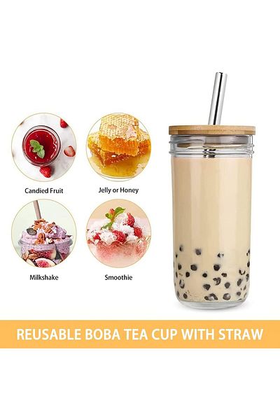 COOYA 4 Pcs Glass Cups Set,with Bamboo Lids & Stainless Steel Straws,Dishwasher Safe,for any Occasion