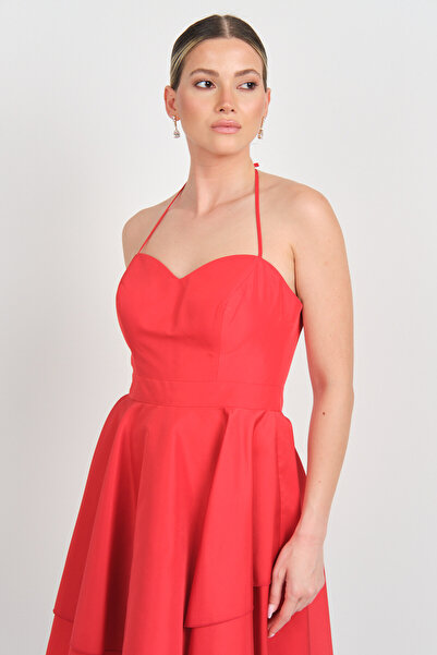 Saygın Women's Halter Neckline Heart Neckline Mini Evening Dress 5621 Red