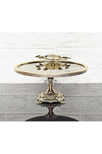 atabey home Small Bronze Mirror Round Serving Plate 20cm - Presentation Cast Gold Frame and Cast Foot