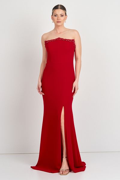 Saygın Women's Strapless Stone Decorated Fish Form Evening Dress 5649 Red