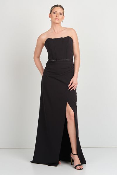 renk abiye Color Women Strapless Crepe Fabric Long Evening Dress 5295 Black