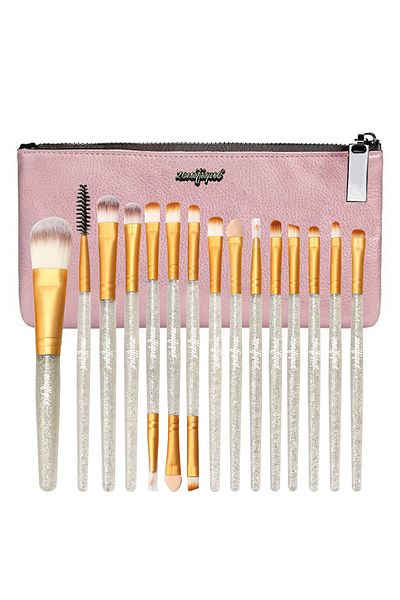 zenifique Set of 15 Makeup Brushes, Zenifique, Synthetic Hair, With Case, Glitter Handle, Silver