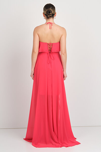 Saygın Γυναικείο μακρύ βραδινό φόρεμα με λαιμόκοψη καρδιά βολάν με λεπτομέρεια 5612 κόκκινο