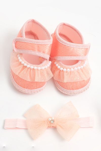 lilico Salmon Lace Glitter Bow Bandana Newborn Booties