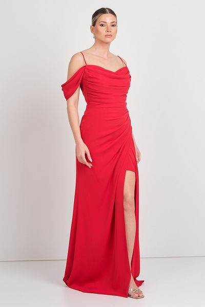 Saygın Women's Rope Strap Draped Slit Long Evening Dress 5625 Red