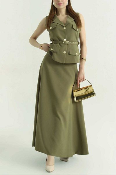 MYGİYİMİSTANBUL Buttoned Vest and Pleated Long Skirt Suit