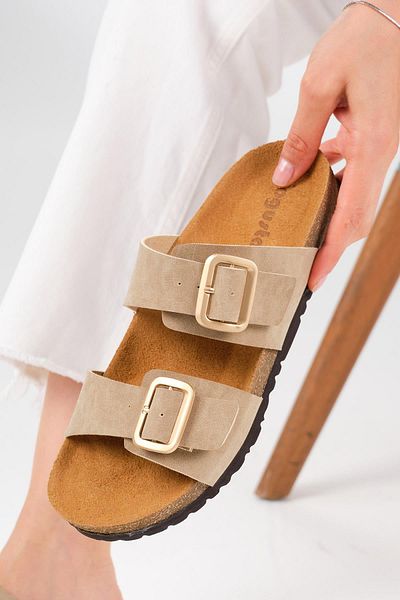 Mio Gusto Lily Beige Color Cork Sole Slippers