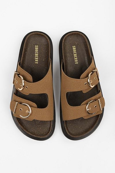Shoeberry Women's Vian Tan Suede Belted Slippers