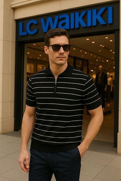 LC Waikiki Striped Polo Collar Zippered Breathable Short Sleeve Men's Summer Knitwear T-Shirt