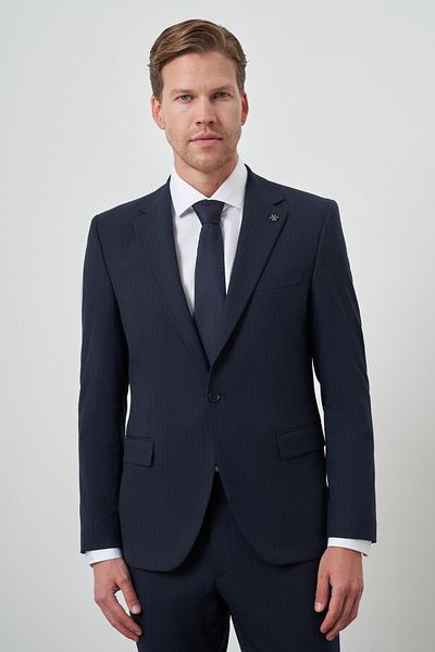 Morven Men's Navy Blue Polyviscon Striped Slim Fit Mono Collar Suit