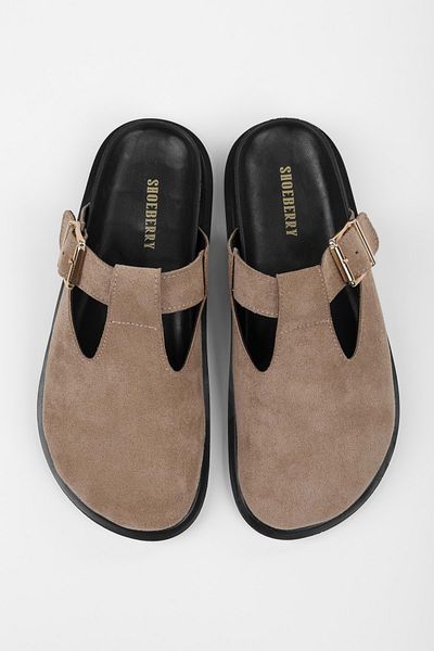 Shoeberry Women's Rolie Mink Suede Buckle Detailed Slippers