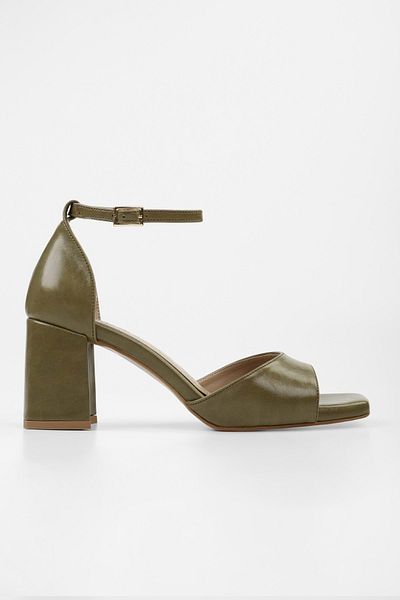 Shoeberry Women's Sarge Oil Green Shiny Skin Heeled Shoes