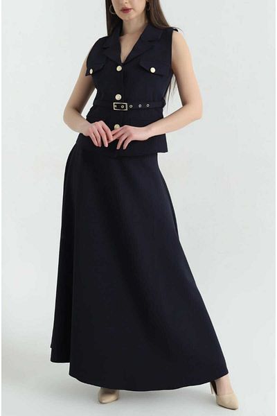 MYGİYİMİSTANBUL Buttoned Vest and Pleated Long Skirt Suit