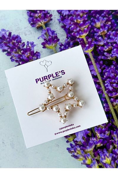 PURPLE'S BİR TUTAM MUTLULUK Pearl Detailed Gold Star Clip // Mother Women Child Baby Buckle Band