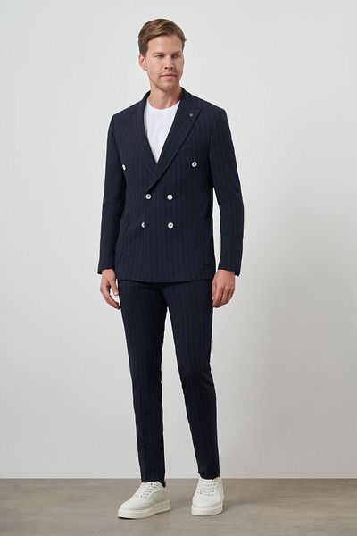Morven Men's Navy Blue Trend Double Breasted Slim Fit Pointed Collar Suit