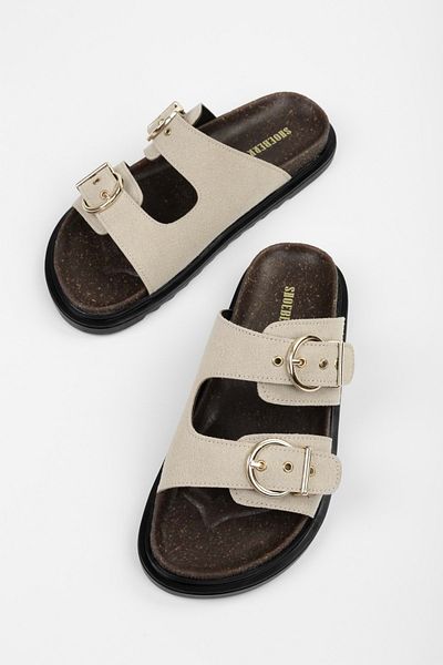 Shoeberry Women's Vian Beige Suede Belted Slippers