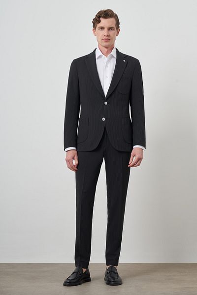 Morven Men's Black Trend Striped Slim Fit Mono Collar Suit