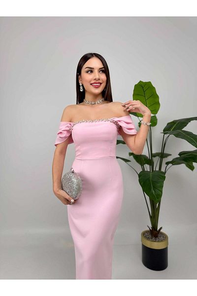 Glysso Special Design Collar Stone Detailed Slit Pink Promise Invitation Engagement Graduation Dress