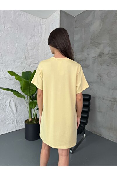 Elif Özbey Butik Sarı Kısa Kol Baskı Detay Modal Elbise