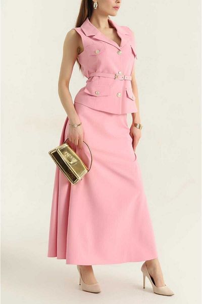 MYGİYİMİSTANBUL Buttoned Vest and Pleated Long Skirt Suit