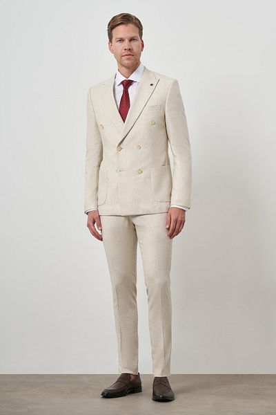 Morven Men's Beige Linen Double Breasted Slim Fit Pointed Collar Suit