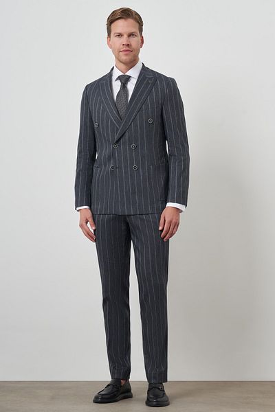 Morven Men's Navy Blue Tend Linen Double Breasted Slim Fit Pointed Collar Suit