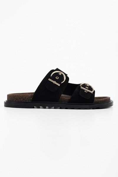 Shoeberry Women's Vian Black Suede Belted Slippers