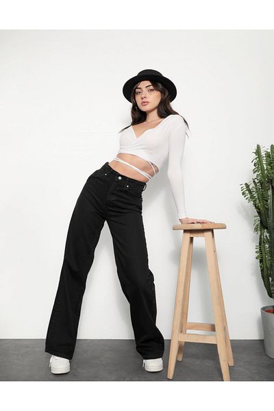 By Caspita Fashion Lenithra Γυναικεία Ψηλή Μέση Μαύρη Palazzo Φαρδύ Πόδι Casual Τζιν Τζιν χωρίς λύκρα