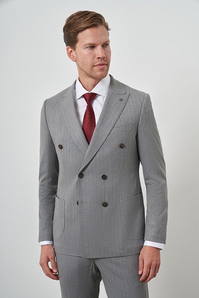 Morven Men's Gray Polyviscon Trend Double Breasted Striped Pattern Slim Fit Pointed Collar Suit