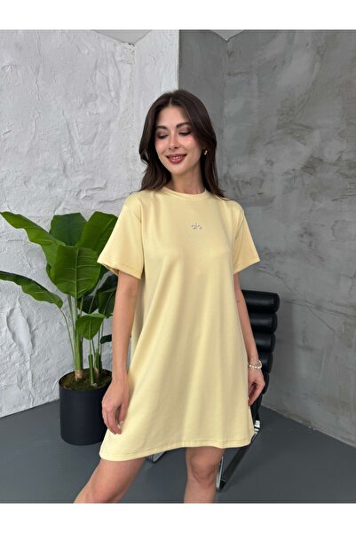 Elif Özbey Butik Sarı Kısa Kol Baskı Detay Modal Elbise