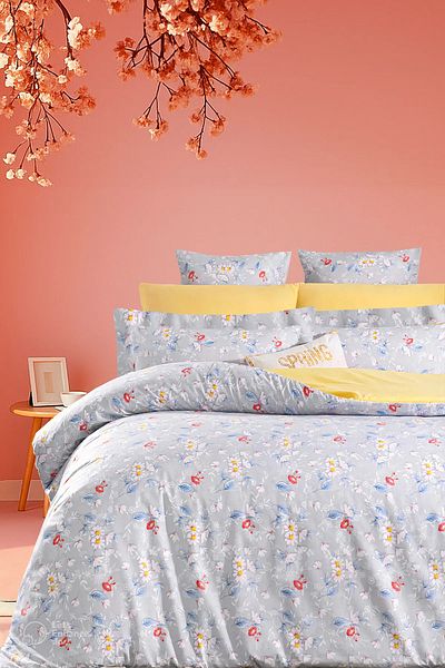 İQON Fitted Sheet Duvet Cover Set Single Anthemis Gray
