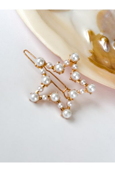 PURPLE'S BİR TUTAM MUTLULUK Pearl Detailed Gold Star Clip // Mother Women Child Baby Buckle Band