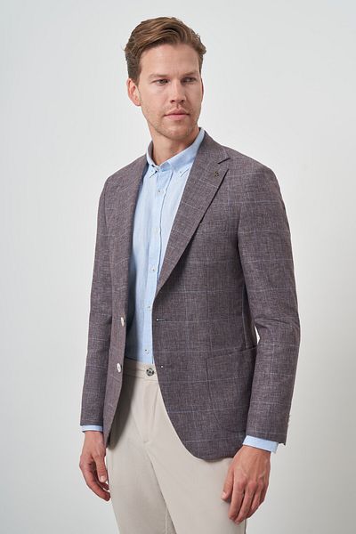 Morven Men's Brown Linen Plaid Slim Fit Mono Collar Jacket