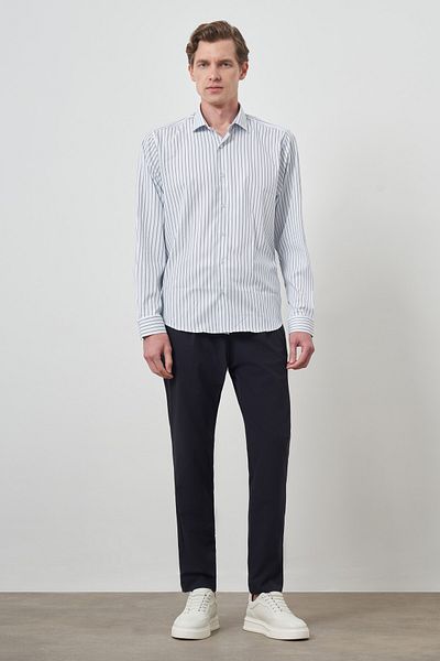 Morven Men's A-White Trend Striped Slim Fit Italian Collar Shirt