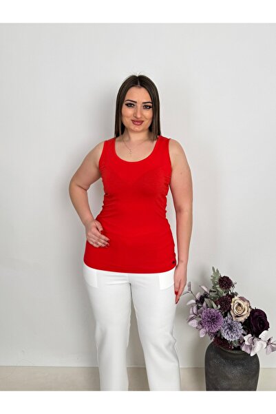 DE WHITES BÜYÜK BEDEN U YAKA KOLSUZ VİSCON BLUZ