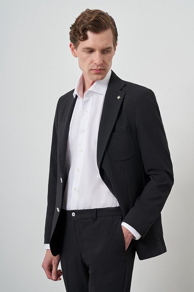 Morven Men's Black Trend Striped Slim Fit Mono Collar Suit