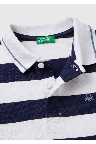 United Colors of Benetton Erkek Çocuk Lacivert Mix Çizgili Logo İşlemeli Polo T-Shirt