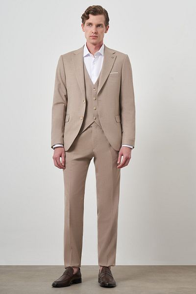 Morven Men's Beige Wool Slim Fit Vest Mono Collar Suit