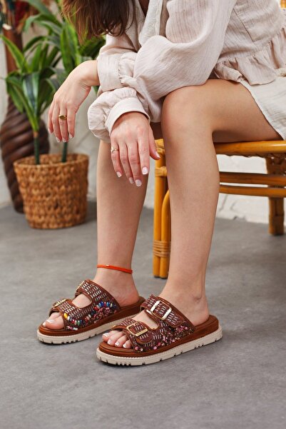 Adım Adım Γυναικείες πέτρινες κομψές παντόφλες με διπλή πόρπη