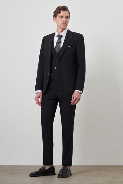 Morven Men's Black Polyviscon Basic Vest Slim Fit Mono Collar Suit