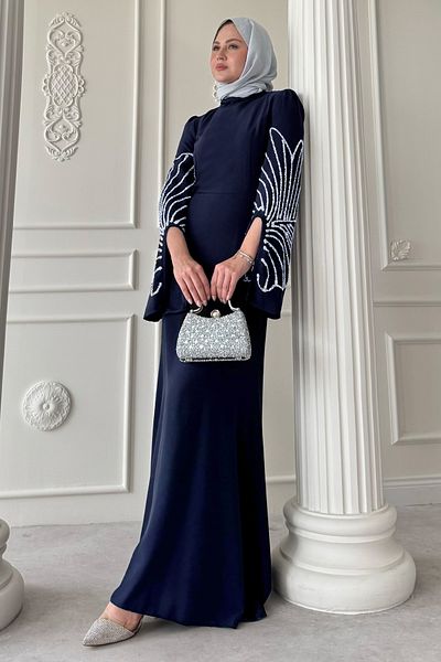 InStyle Βραδινό φόρεμα με λεπτομέρεια με κομμένο μανίκι με πέτρες Navy Blue