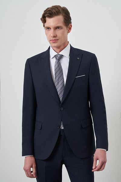 Morven Men's Navy Blue Polyviscose Striped Slim Fit Pointed Collar Suit