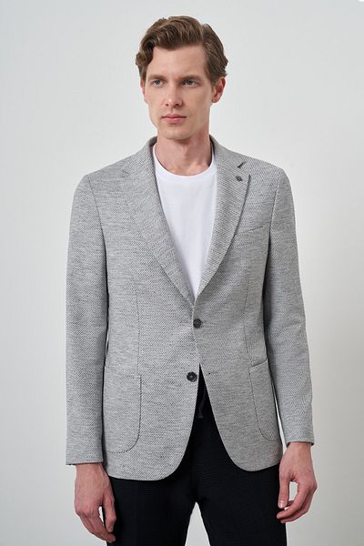 Morven Men's Gray Linen Woven Patterned Slim Fit Mono Collar Jacket