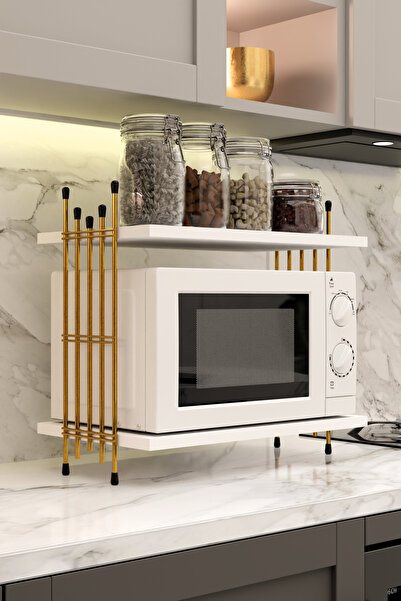 Modalanka Mikrodalga Üstü Raf Tezgah Üstü Mutfak Organizer Gold Tel Ayaklı Çok Amaçlı Raf Düzenleyici