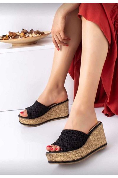 AYDOĞDU by ünal Black Knitted Wedge Slippers
